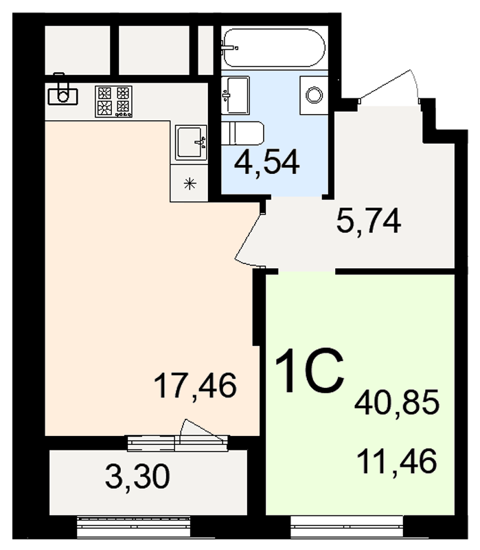1-комнатная Евро-Смарт 40.85 кв. м.