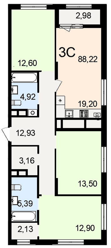 3-комнатная Евро-Смарт 88.22 кв. м.