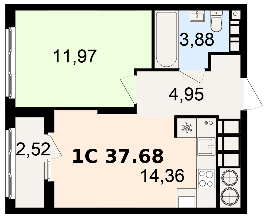 1-комнатная Евро-Смарт 37.68 кв. м.