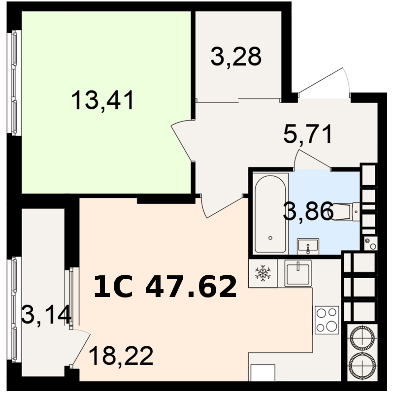 1-комнатная Евро-Смарт 47.62 кв. м.