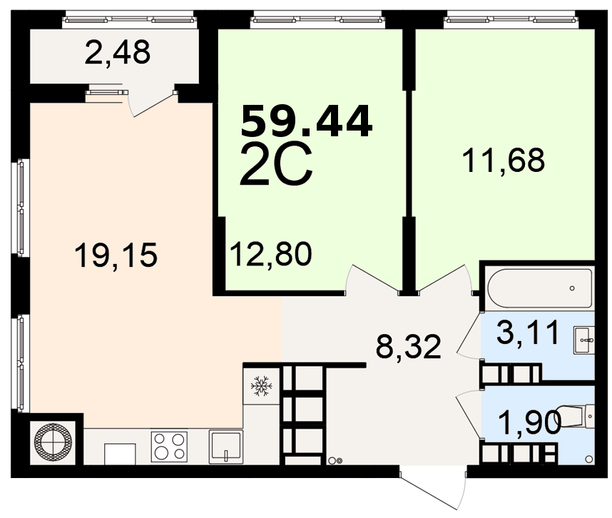 2-комнатная Евро-Смарт 59.44 кв. м.