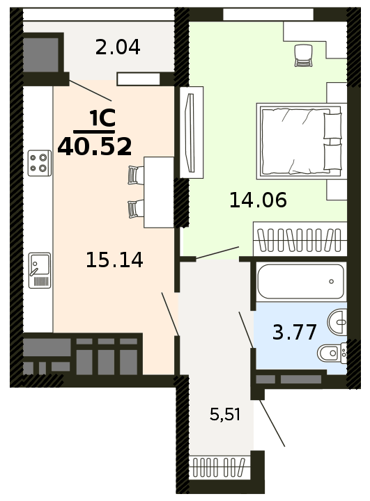 1-комнатная Евро-Смарт 40.52 кв. м.