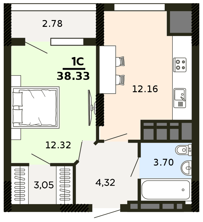 1-комнатная Евро-Смарт 38.33 кв. м.